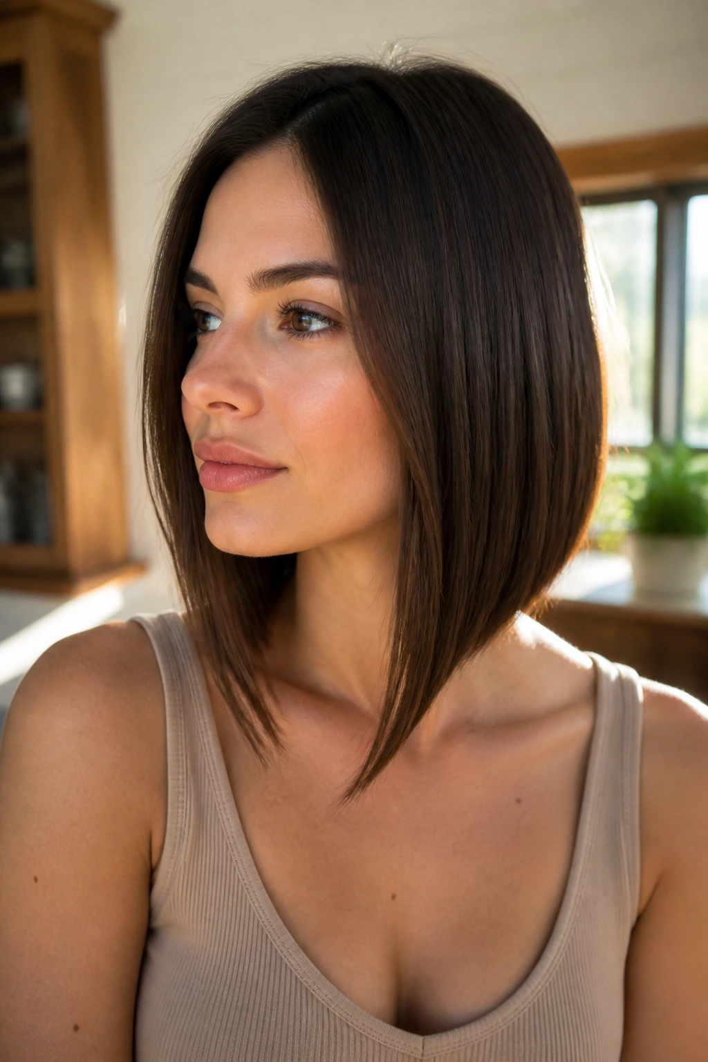 Close-up of a real woman with an A-line lob where the front is longer than the back, shoulder-length sleek hair