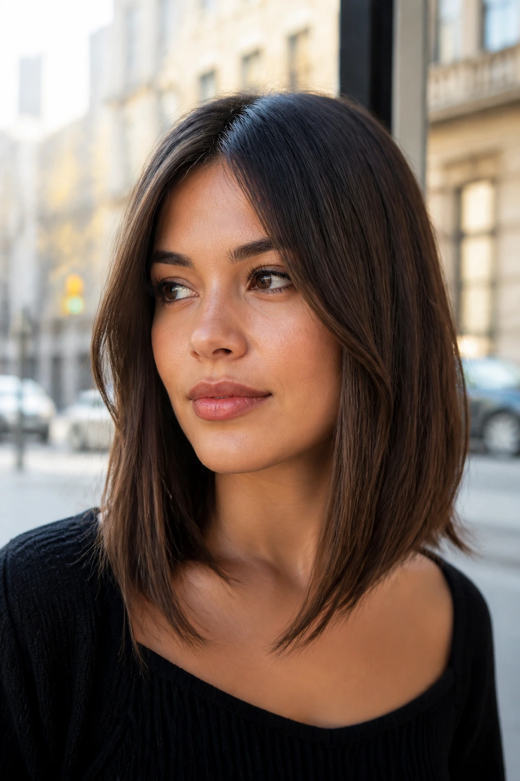 Portrait of a woman with A-line lob and longer temple pieces