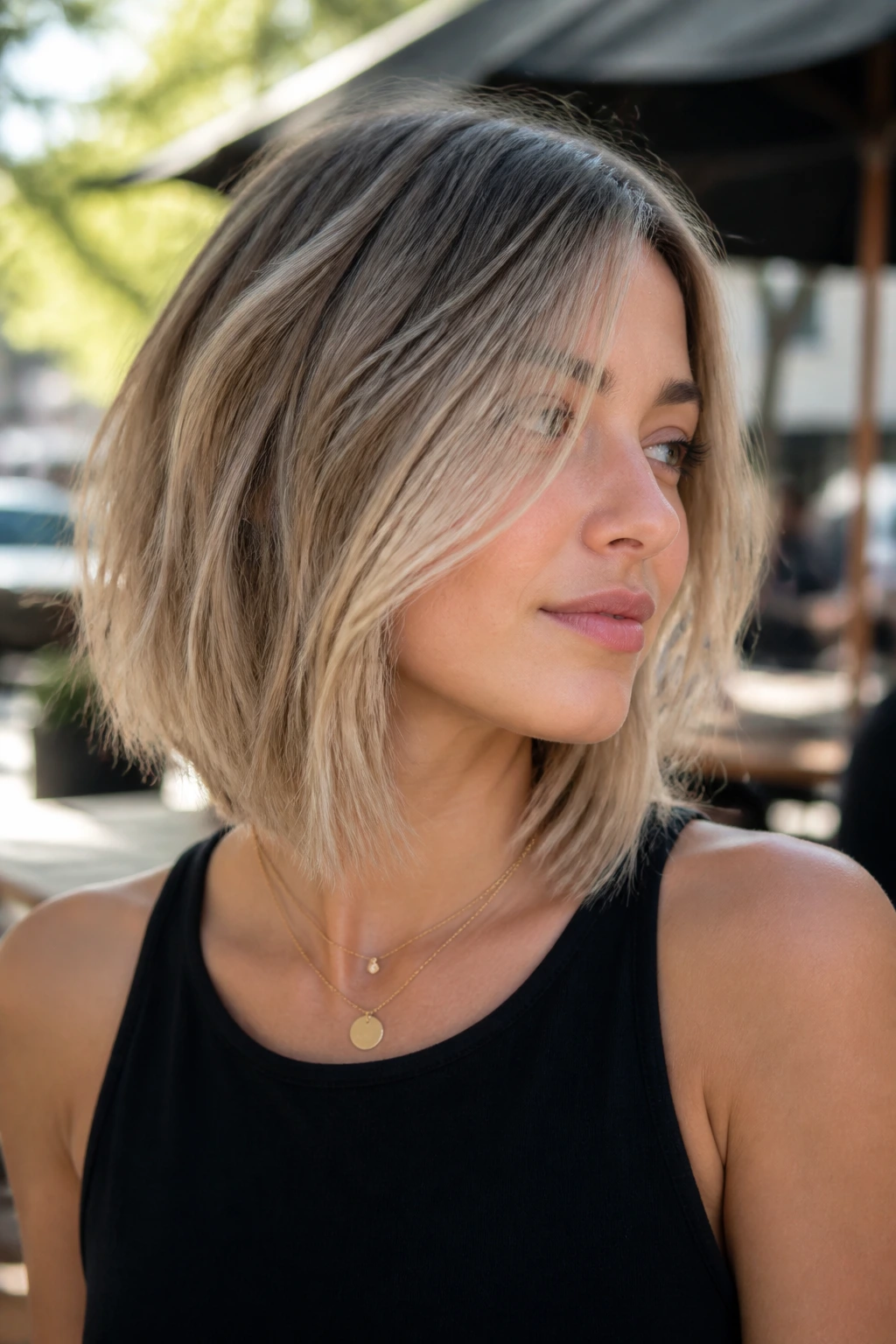 Real woman with A-line wispy lob showing soft angled layers