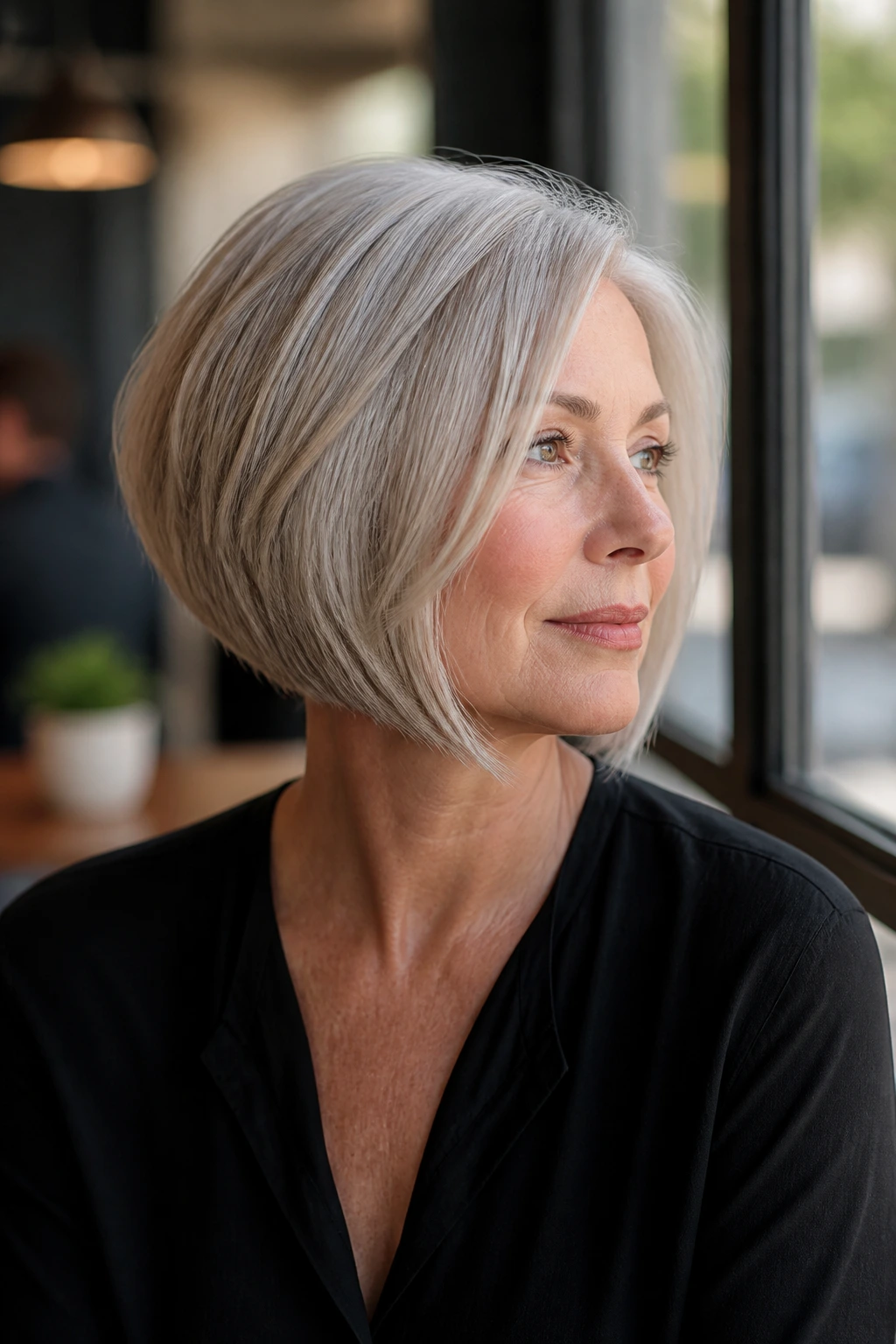 Close-up of a real woman with a subtle A-line bob and longer front