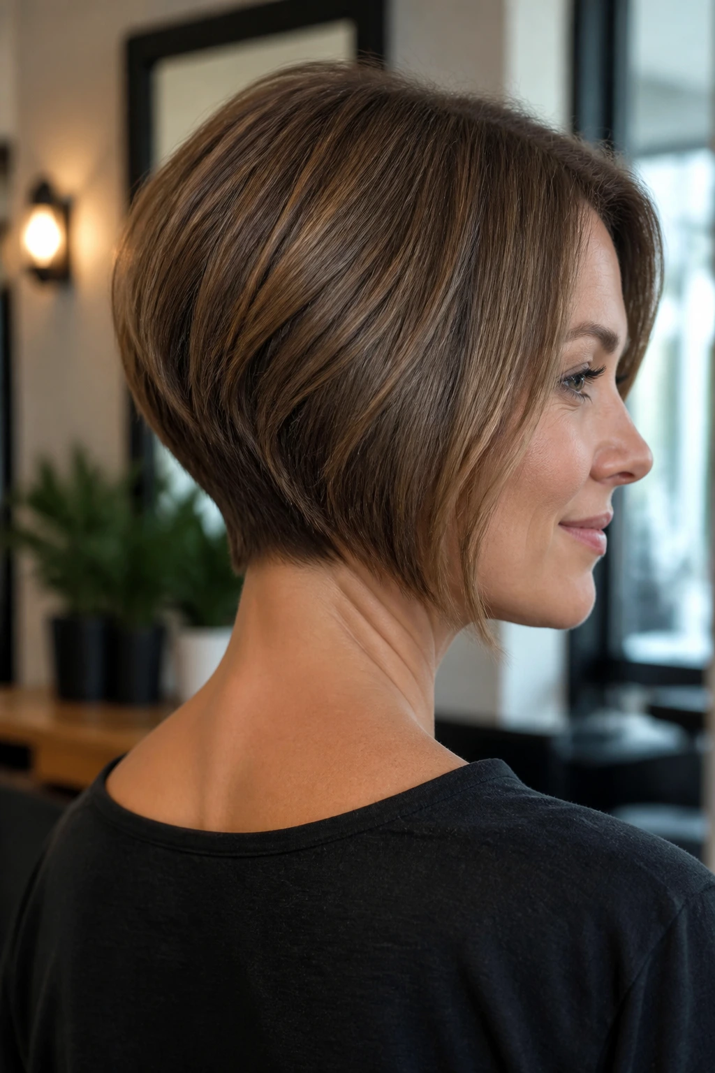 Portrait of a real woman with an A-Line stacked bob and tapered neck, back hugs the neck and front longer.