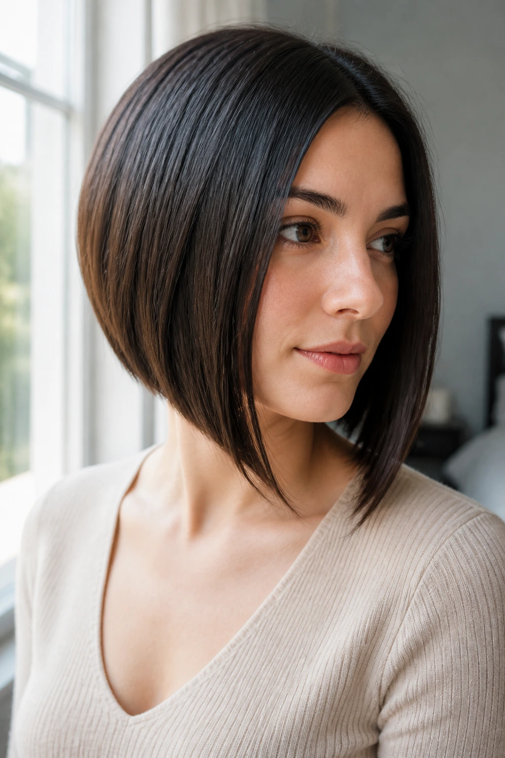 Close-up of real woman with A-Line Straight Cut, jaw-length front, back lifted, natural window light.