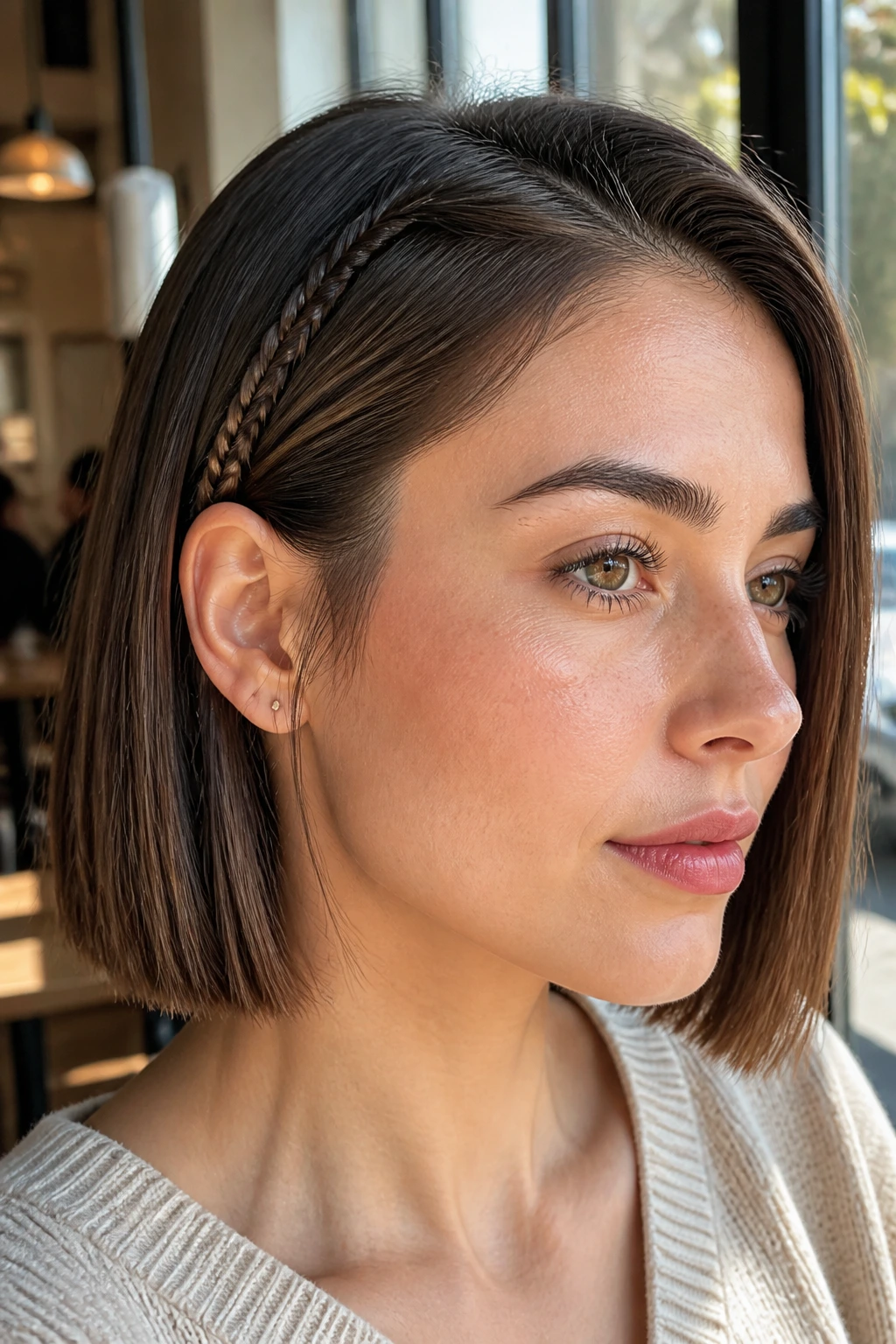 Close-up of accent braid at temple on blunt bob, tuck behind ear