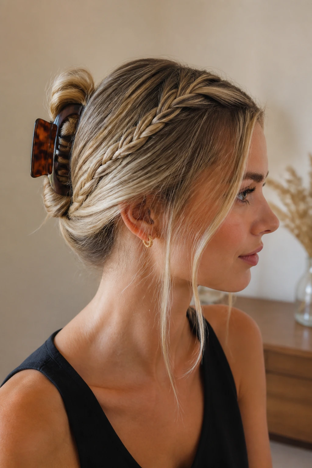 Real person with an accent braid at the front leading into a claw-clip twist