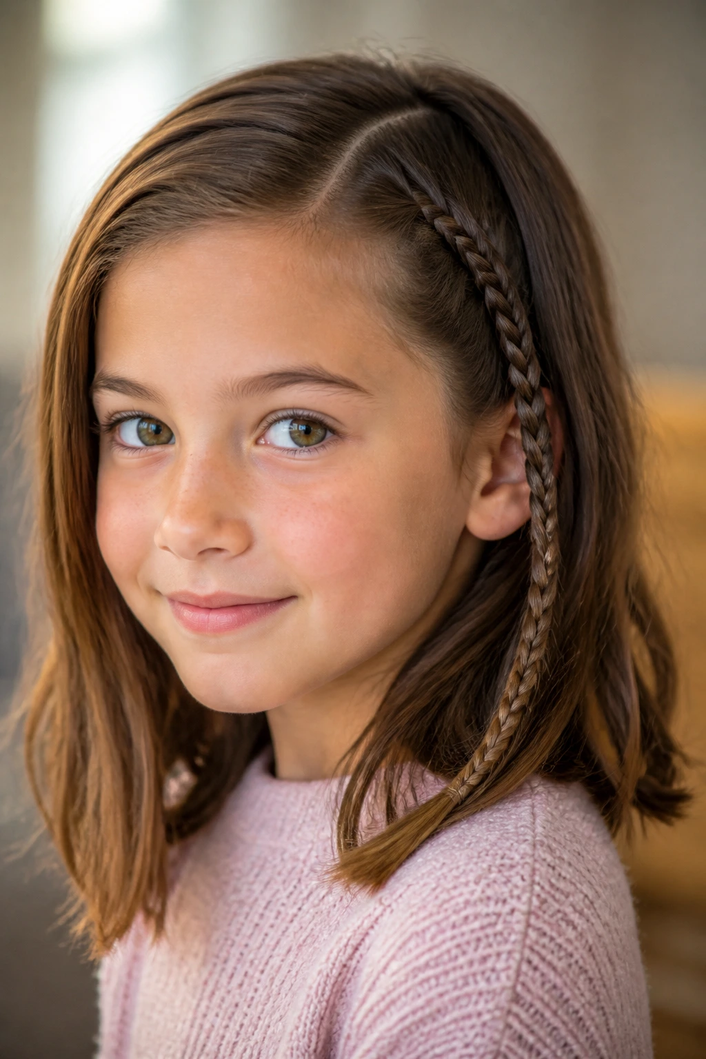 Close-up of a girl with a single accent braid beside the temple