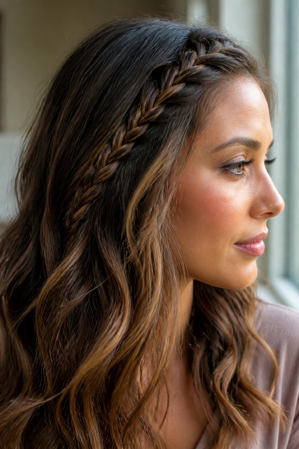 Real woman with front accent braid blending into loose waves