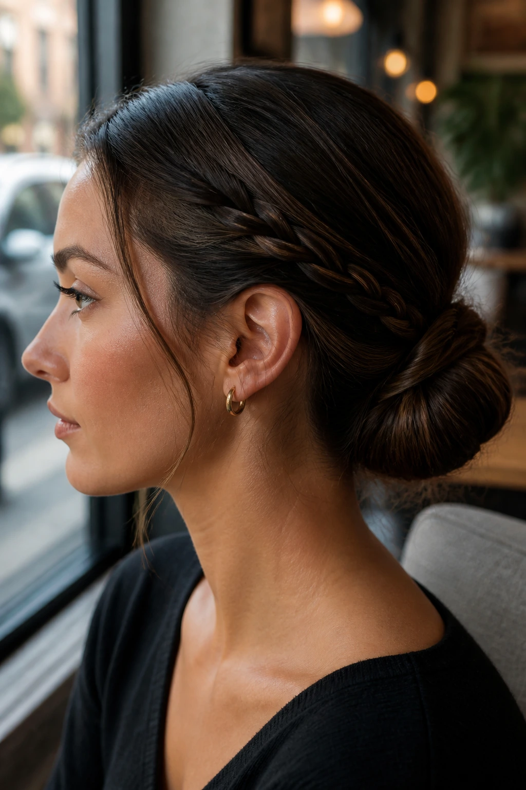 Close-up profile of accent braid wrapping into a low bun on a real person.