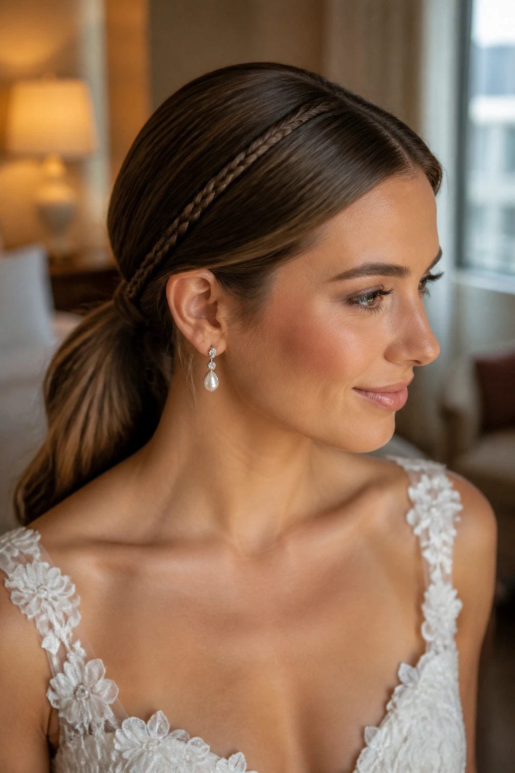 Close-up of a real bride with Accent Braid on a Sleek Low Ponytail