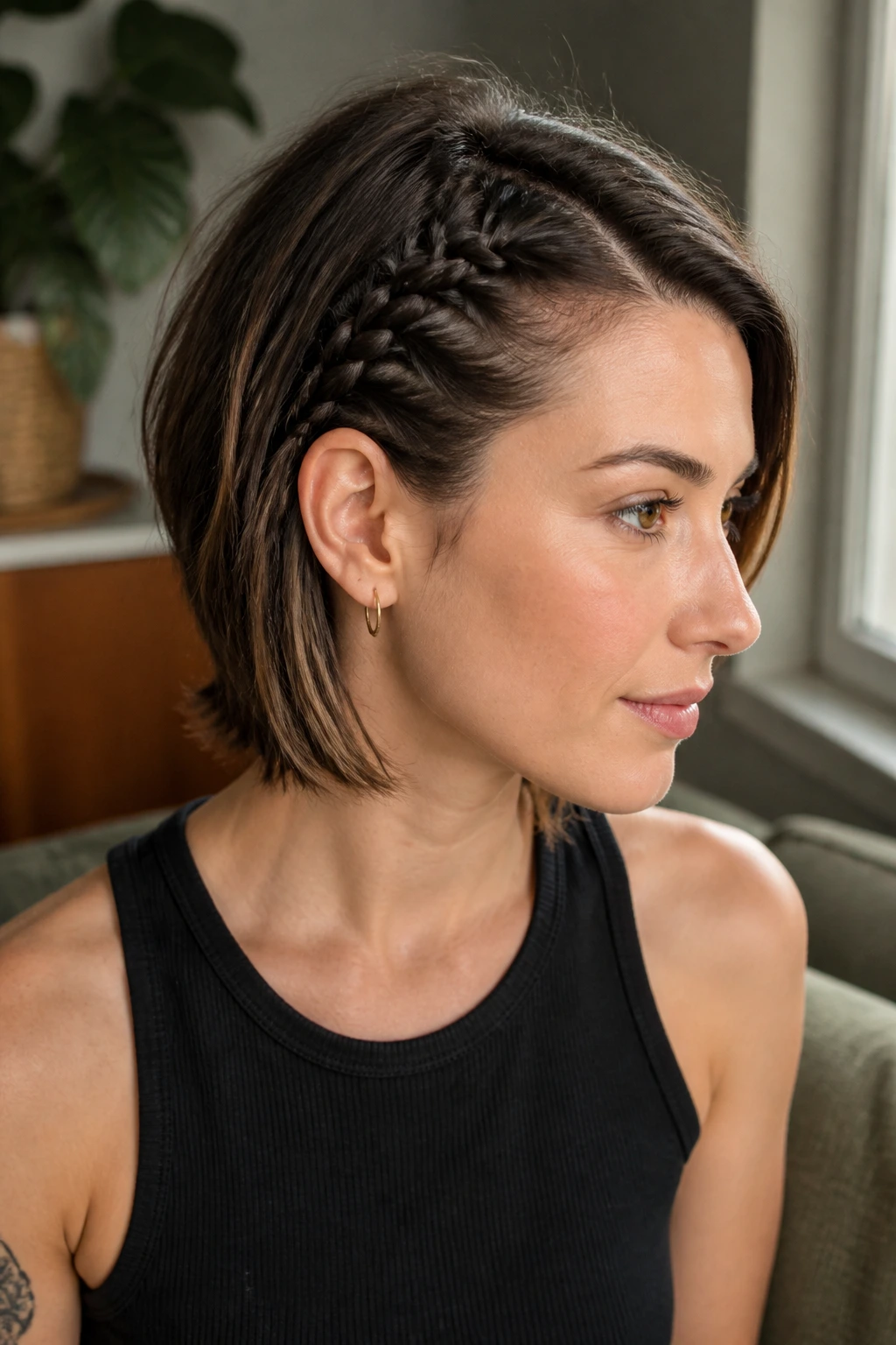 Portrait of a person with a slim one-side accent French braid behind the ear