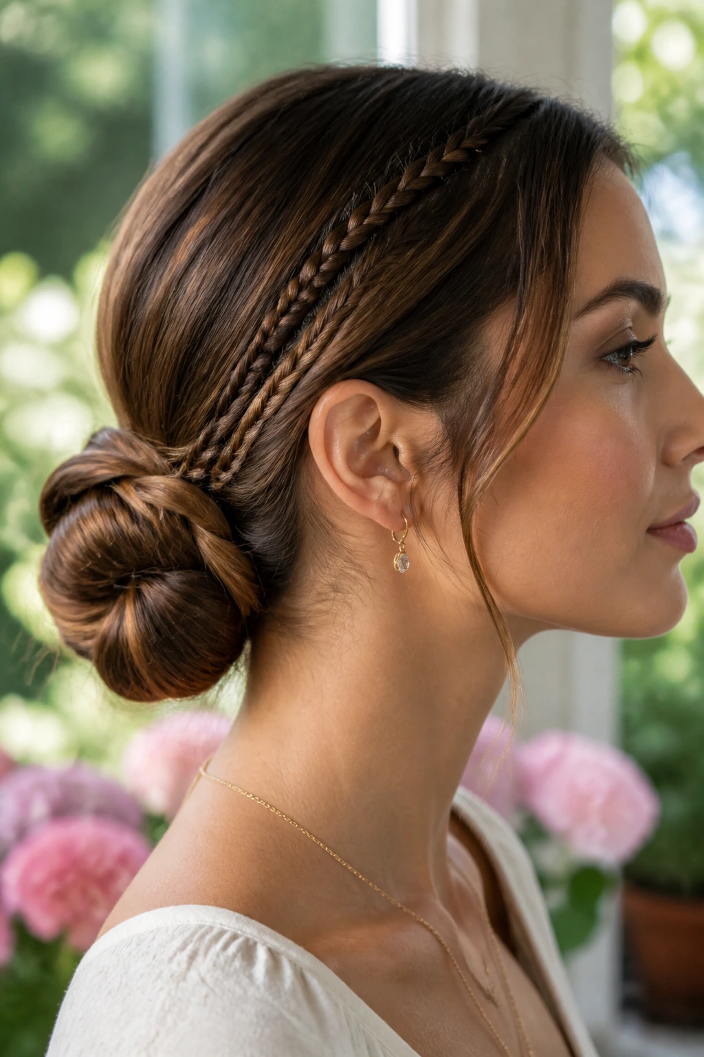 Side profile of woman with accent braids into a low chignon