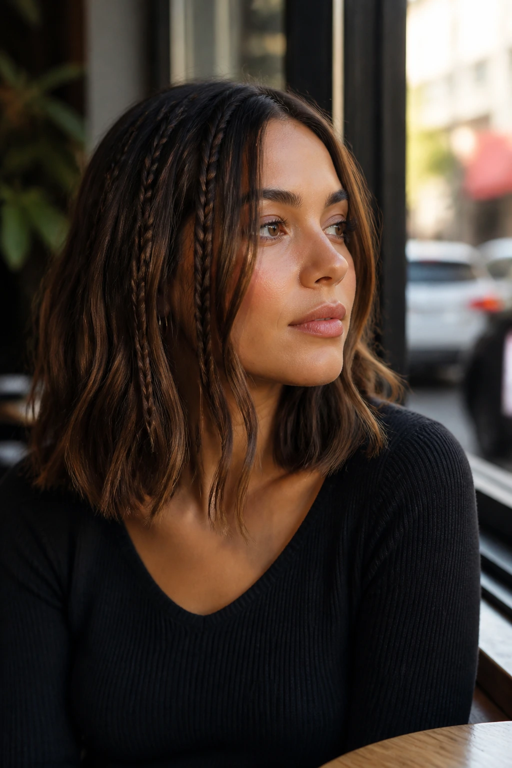 Real woman with tiny accent braids in a lob