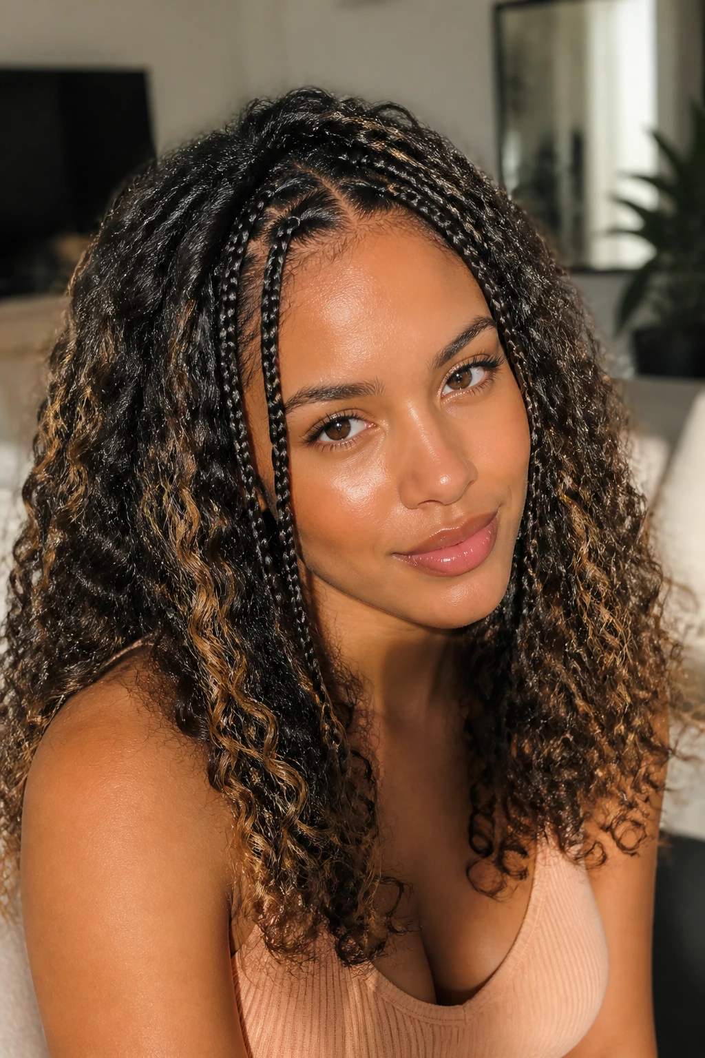 Close-up of a real woman with accent braids and loose curls in a sunlit room