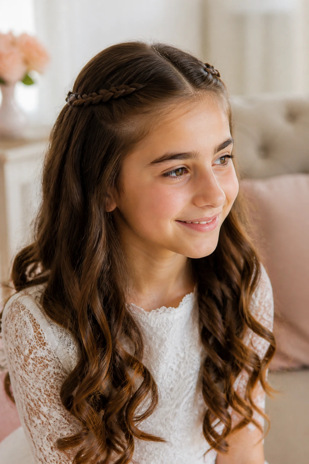 Close-up of a girl with small accent braids at the temples and loose curls underneath in a sunlit room