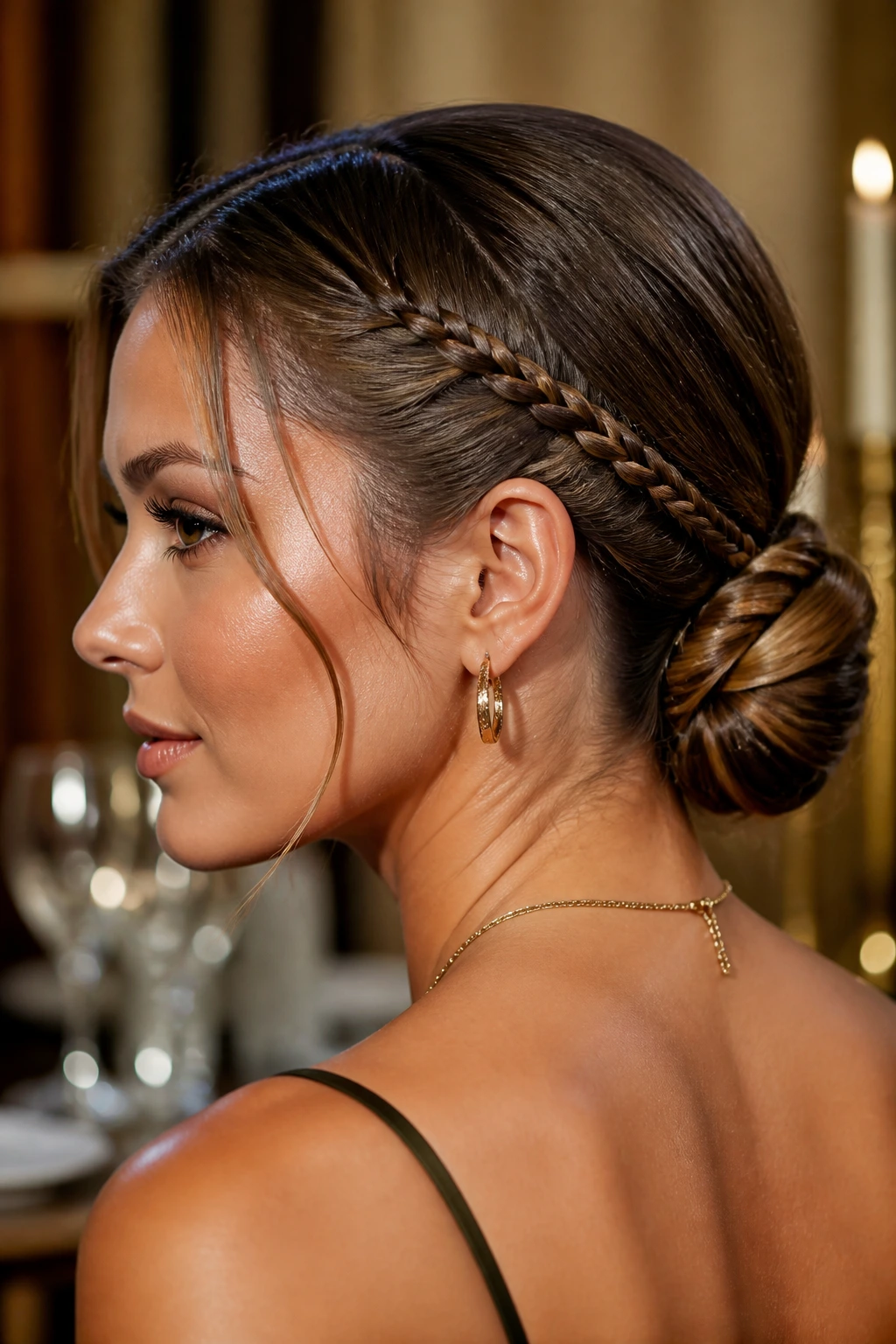 Real woman with accent braids feeding into a low chignon at the nape