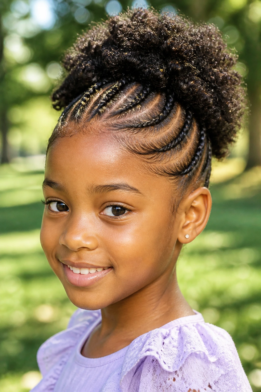 Close-up of a child with accent cornrows flowing into a puff at the crown, in a sunlit park