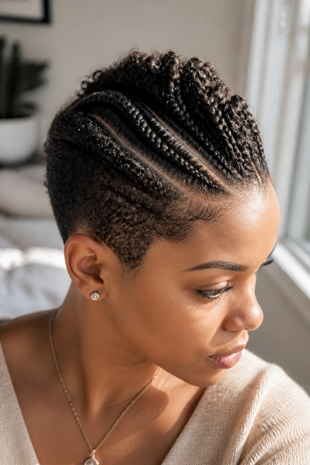 Close-up of a real person with accent feed-in strands in a mohawk