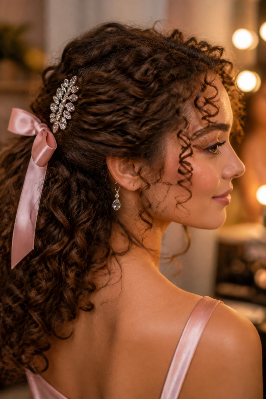 Close-up of a real woman wearing hair accessories like a crystal clip in a prom curl style