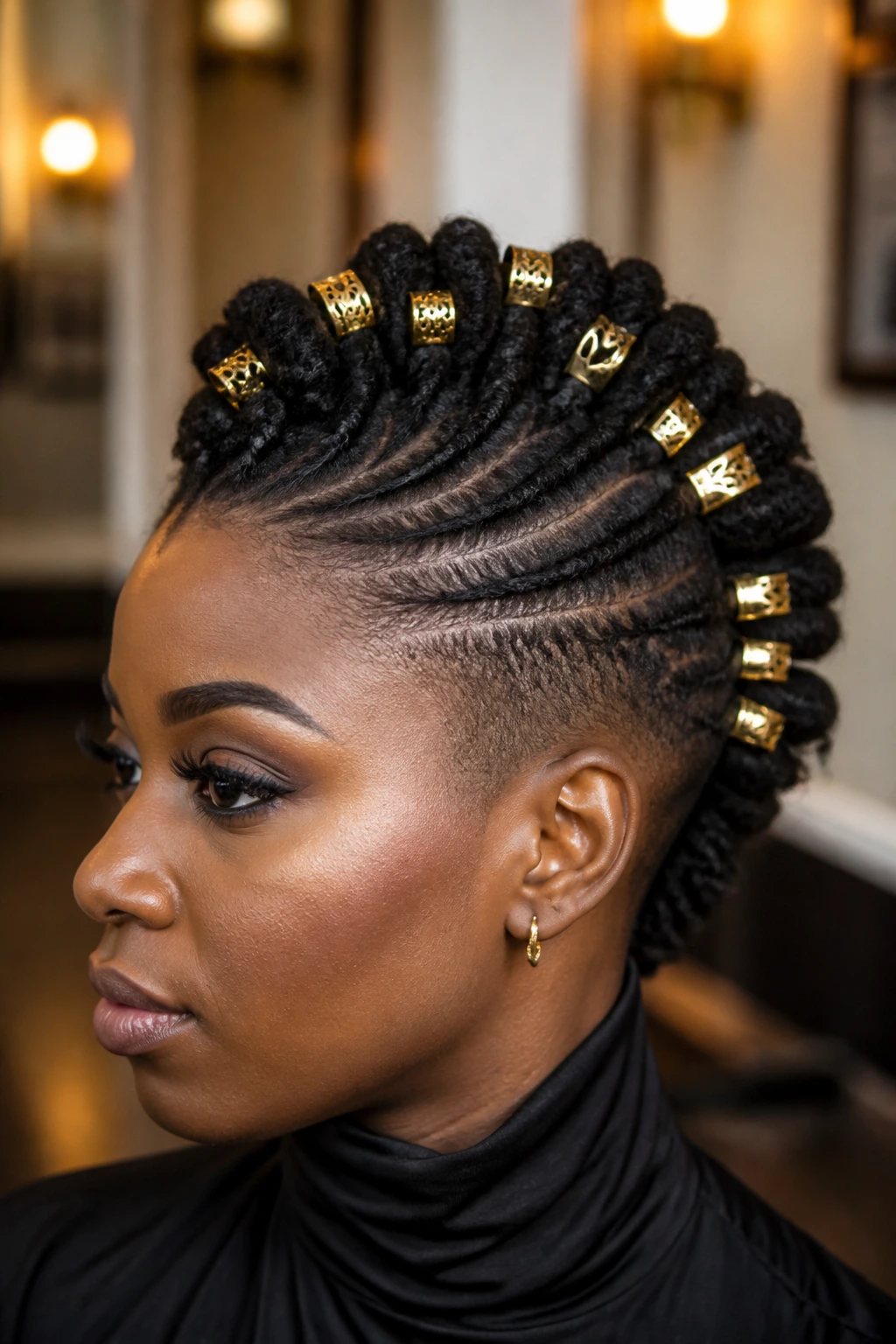 Close-up of a real person with an accessories-heavy mohawk featuring clips and cuffs