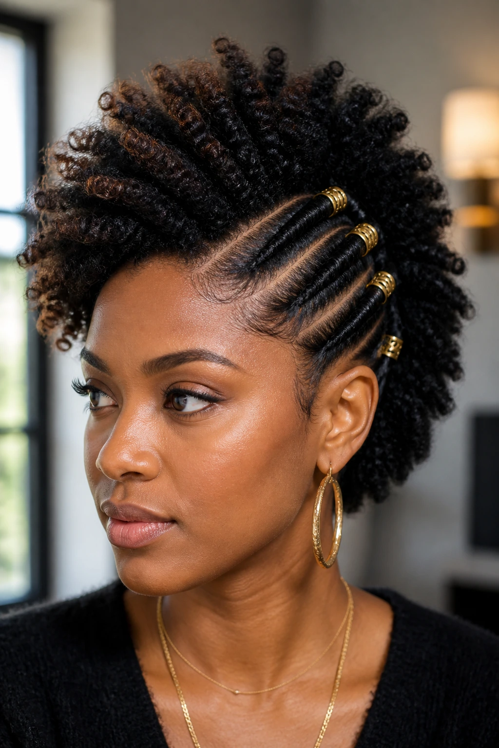 Close-up of a real Black woman with accessorized side-part frohawk and gold cuffs