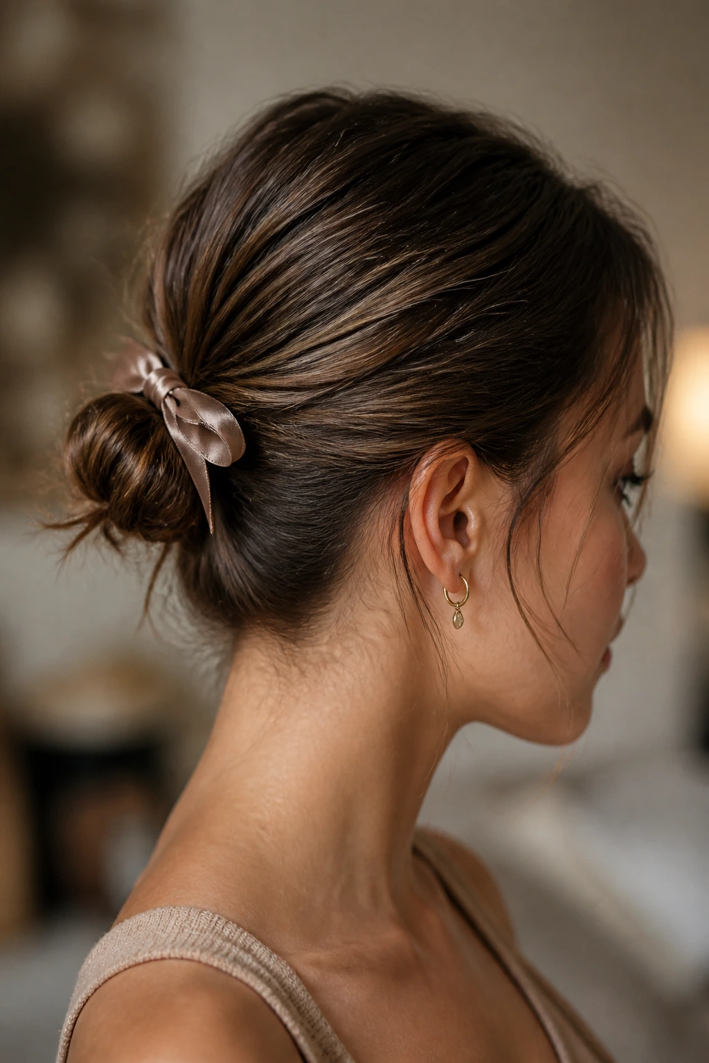 Close-up of real woman with tiny bun and decorative accessory