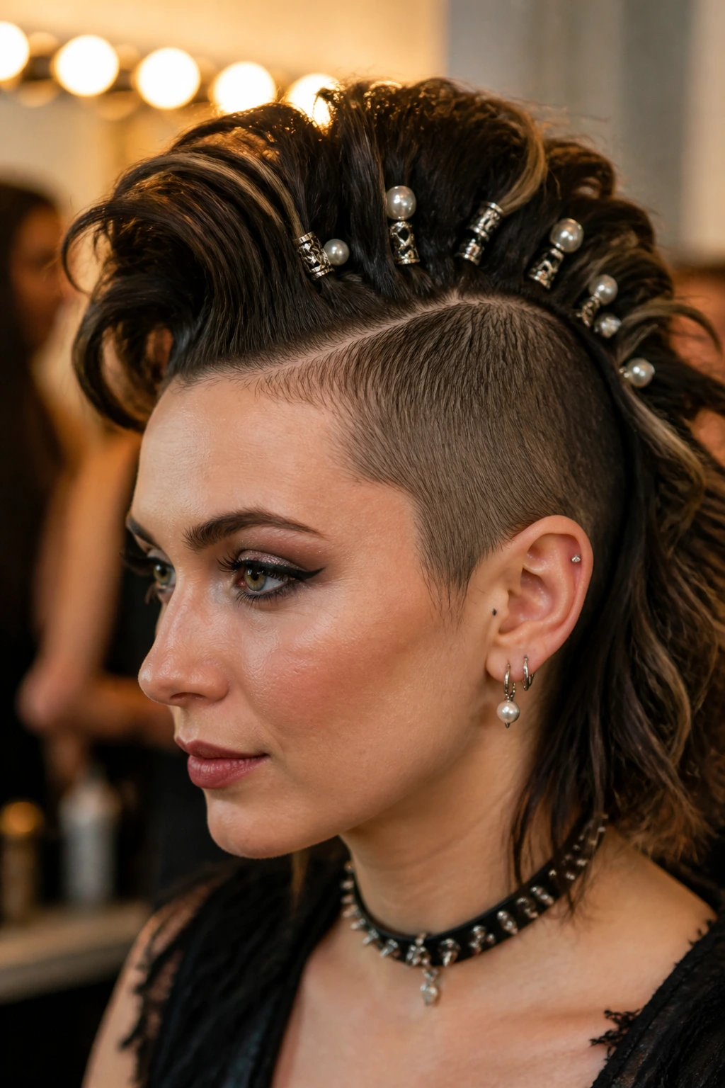 Portrait of a woman with a party-ready hawk featuring pearl pins along the center