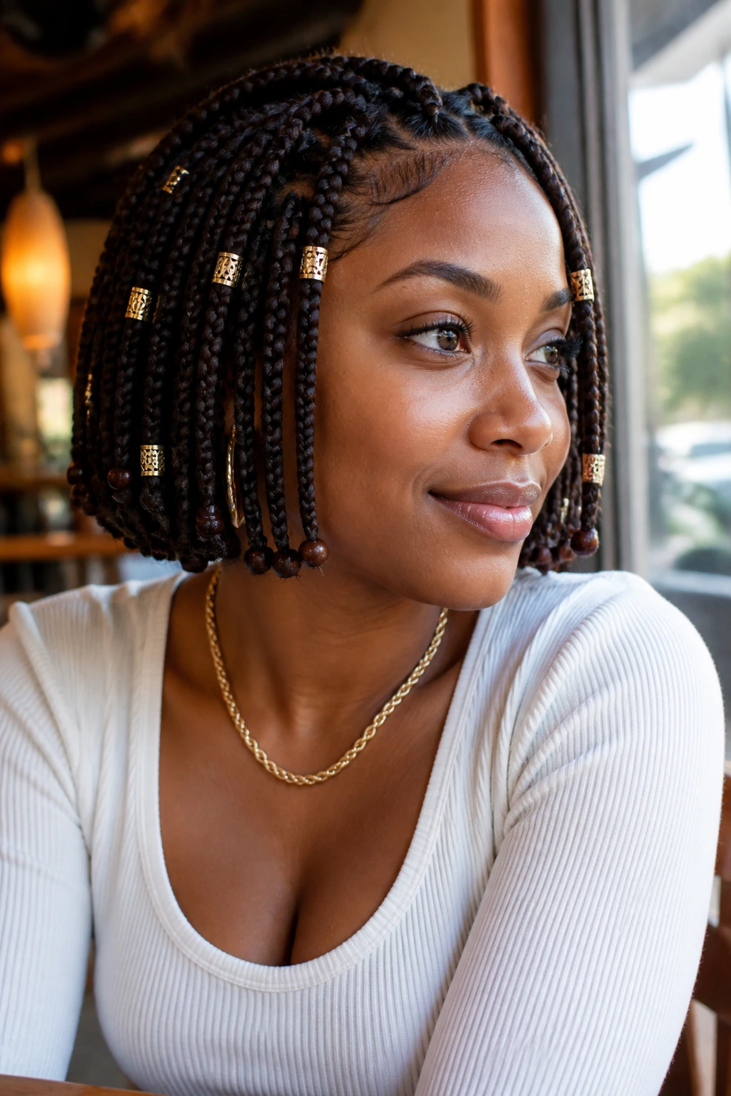 Close-up portrait of a real woman with accessory-layered box braids on a short bob