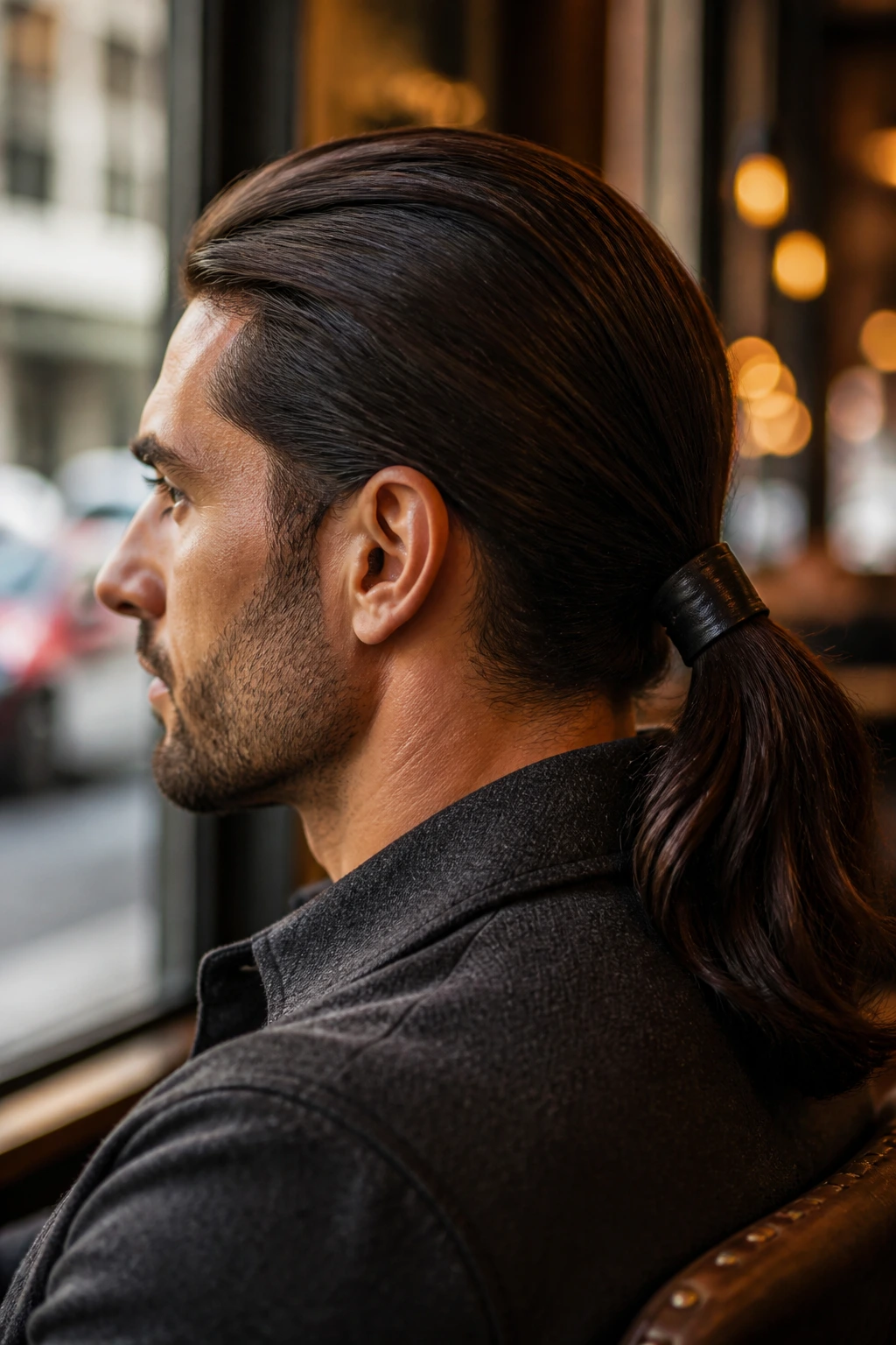 Close-up of a man with a low ponytail secured by a leather wrap in a cafe setting