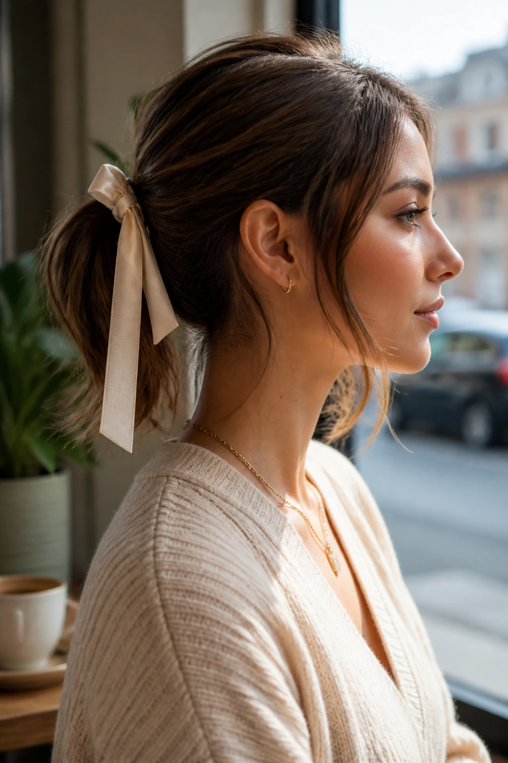 Real person with ribbon-accessorized ponytail in cafe window light