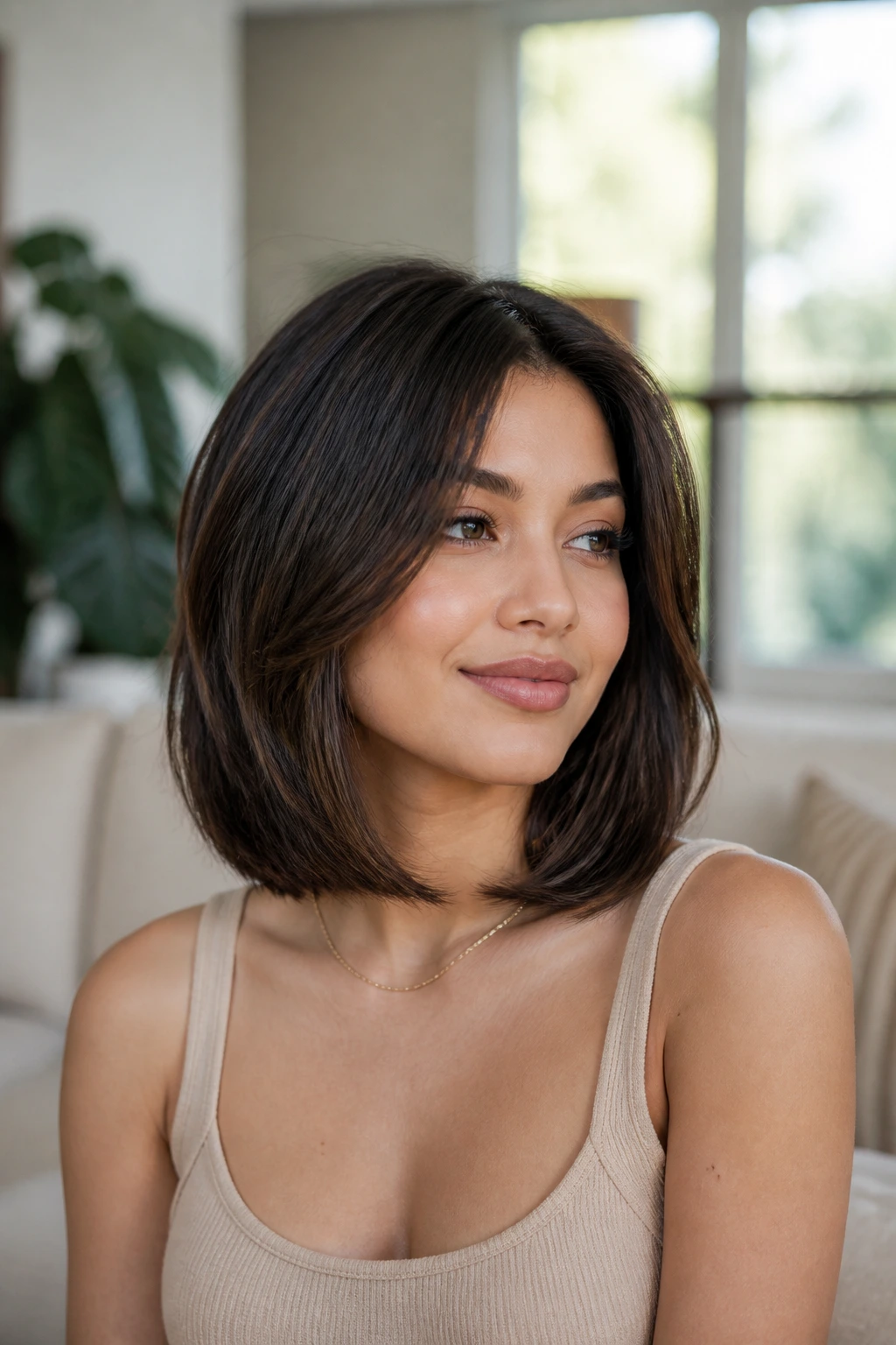 Portrait of a person with a versatile lob adapting the cut while preserving shape.