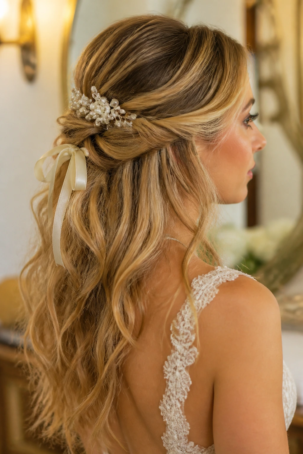 Bride's half-up hairstyle with pearl pin and ribbon showing adaptable look