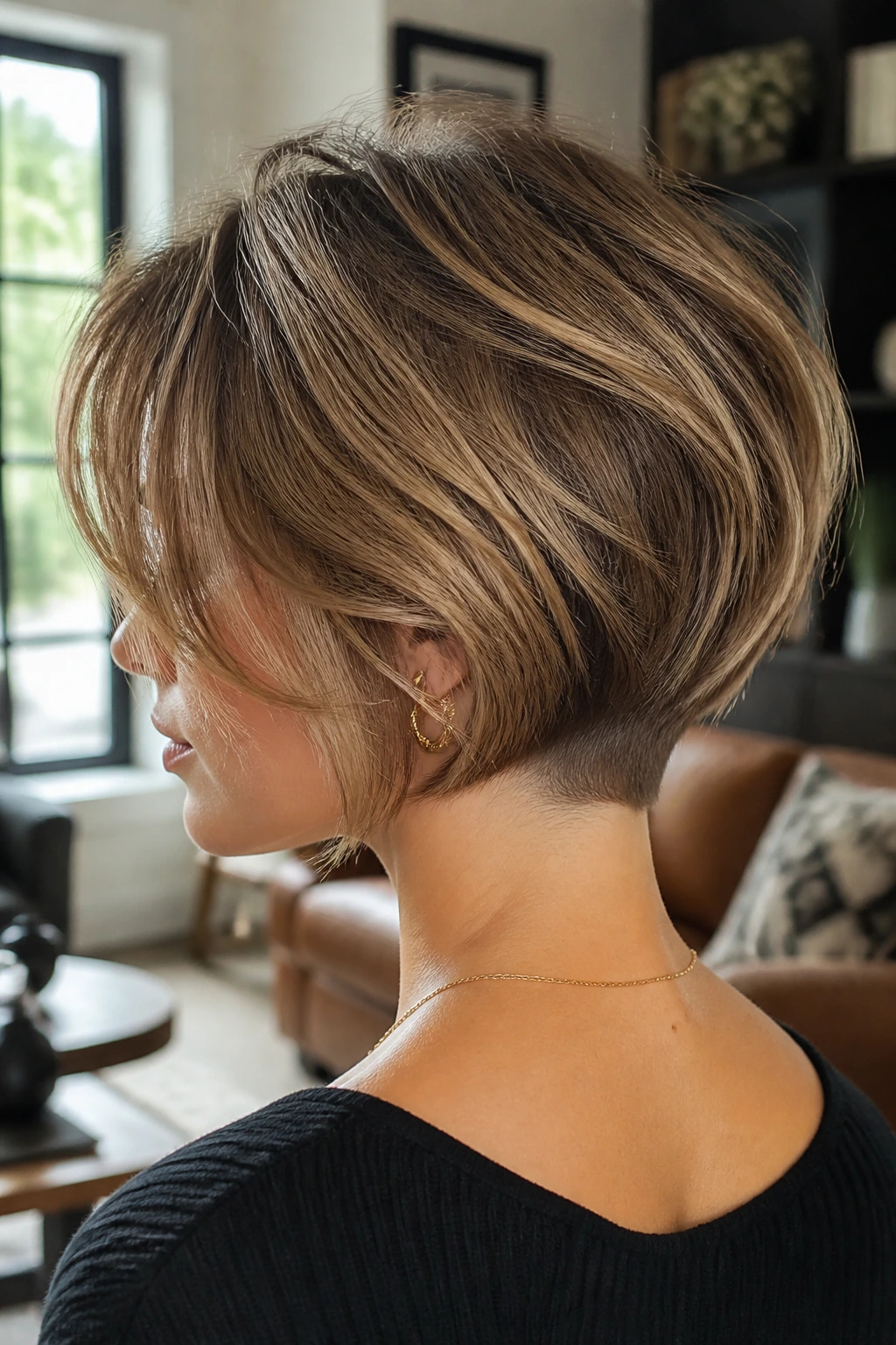 Close-up of a real woman with a textured bob featuring longer top layers and hidden undercut.