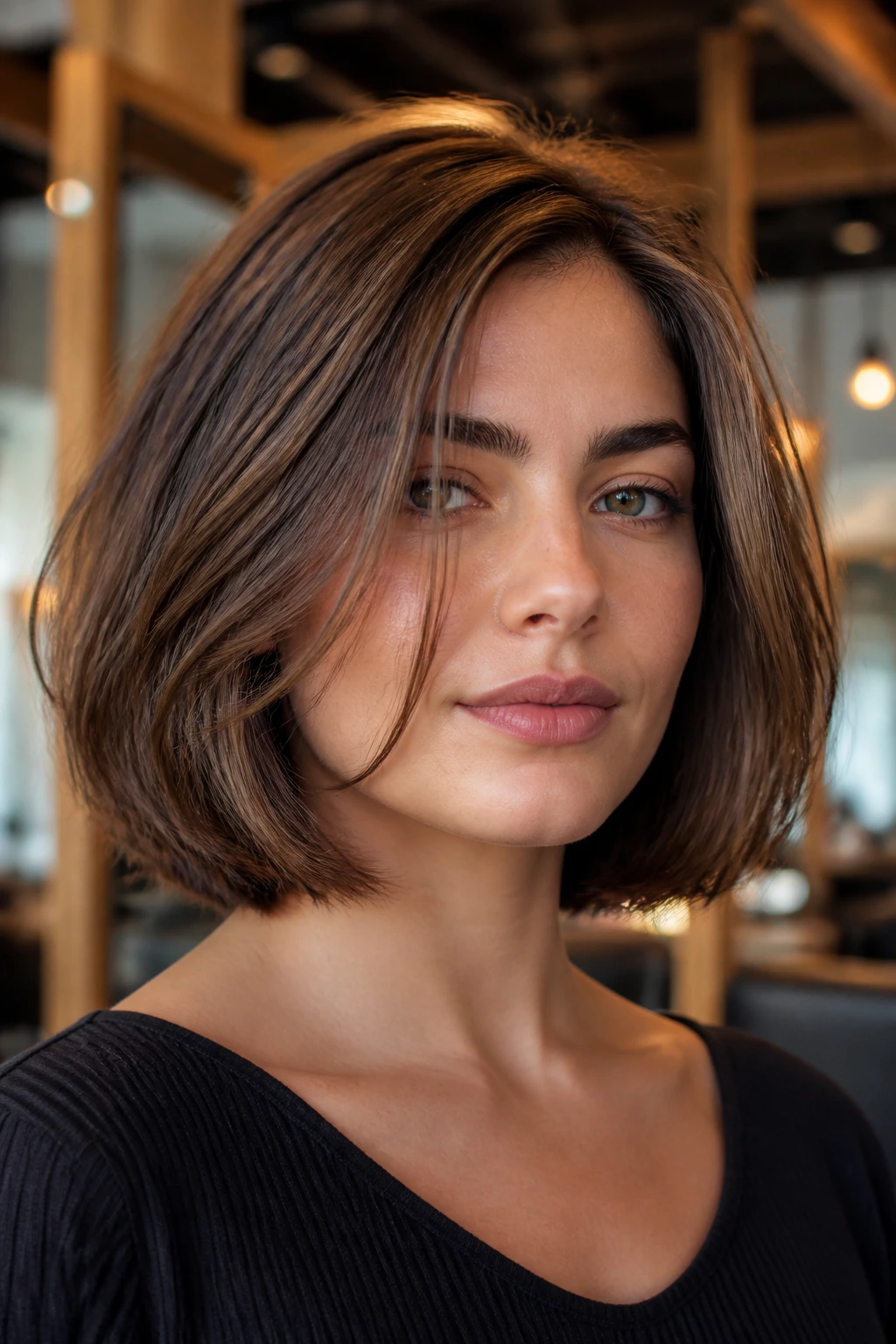 Portrait of a woman with a versatile bob highlighting air-dry movement, side-part polish, and nape-weight relief.