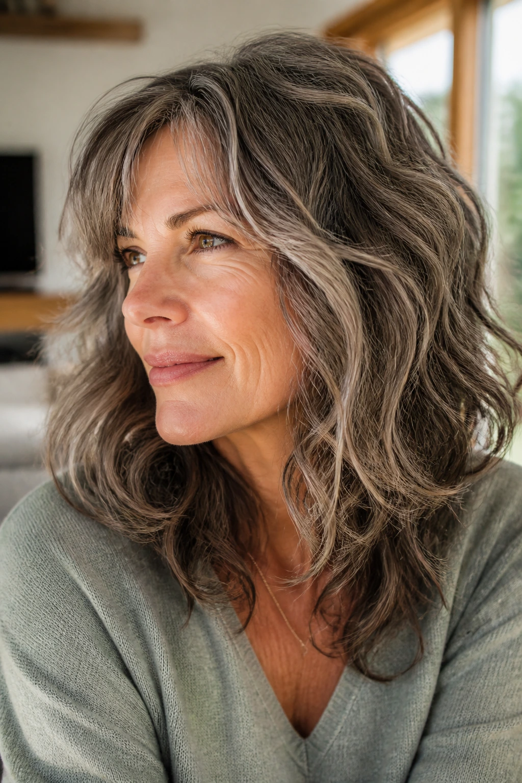 Real woman with medium-length wavy hair showing adaptive layers for different hair types in a sunlit room