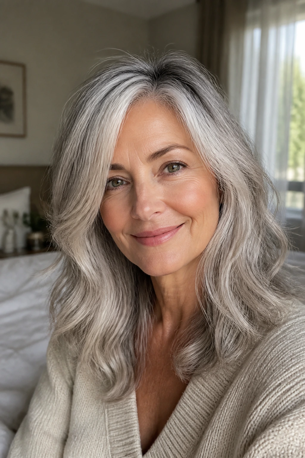 Portrait of a woman showing a softly blended silver hairstyle with shadow root