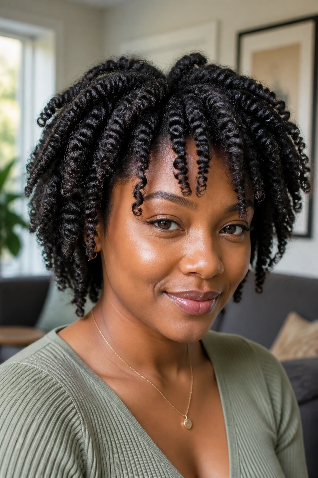 Close-up of a real person with a versatile twist-out hairstyle in a cozy living room