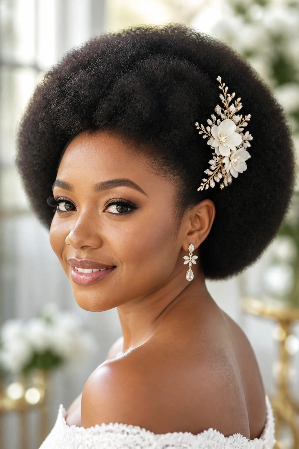 Bride with rounded Afro and floral side comb