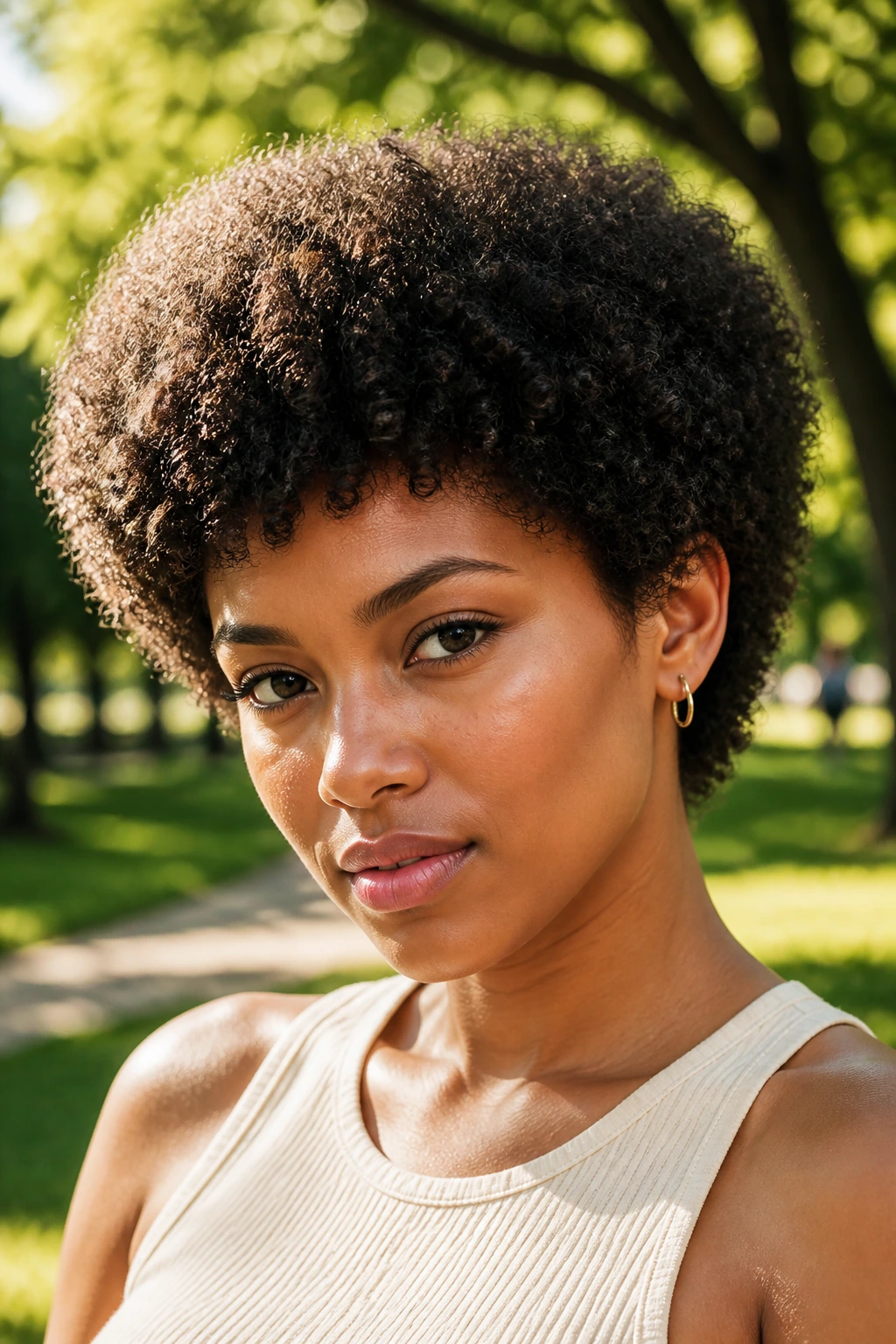 Portrait of a person with a rounded Afro crop in sunlight.