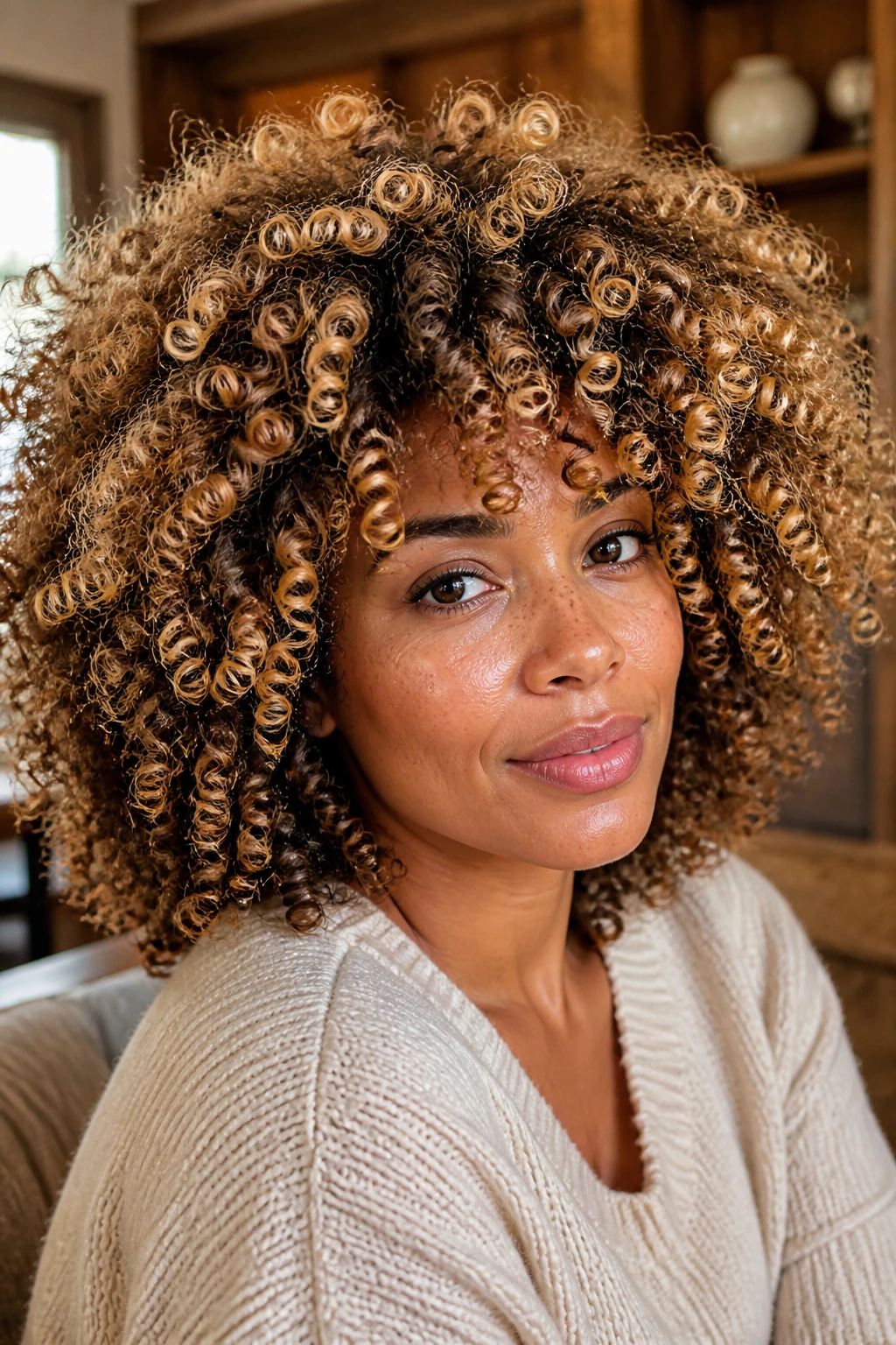 Real person with dimensional honey blonde Afro curls