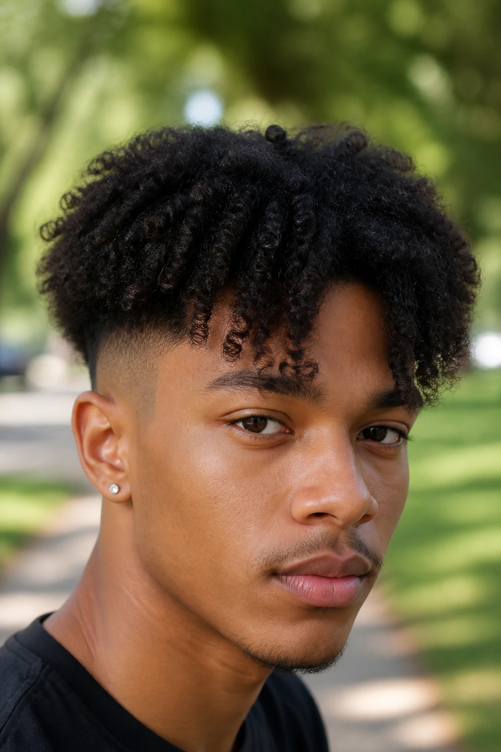 Close-up portrait of a person with afro fade and natural curtain bangs outdoors