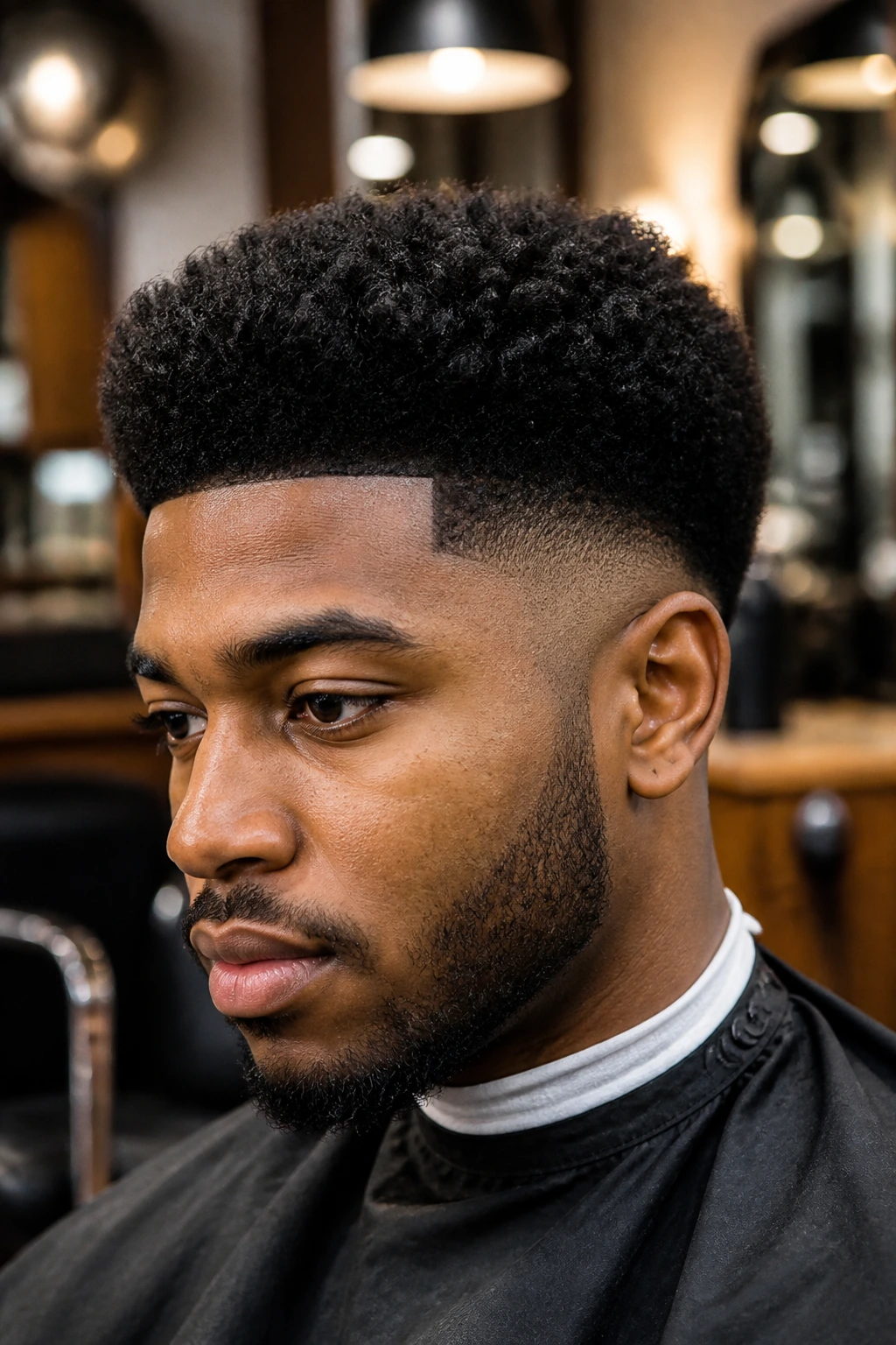Close-up of a person with Afro fade hairstyle in barbershop setting