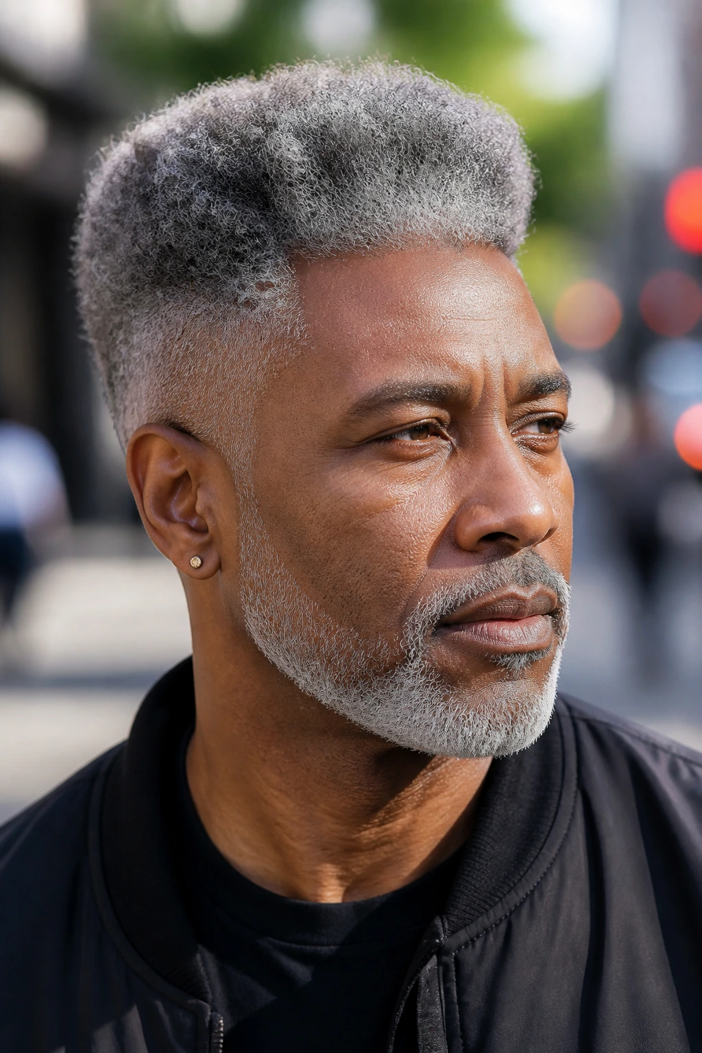 Close-up of a man with gray afro fade on a city street