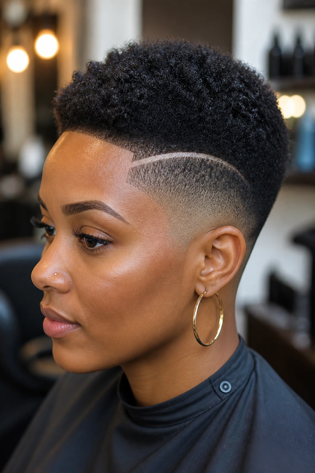 Close-up portrait of a person with afro fade and razor line
