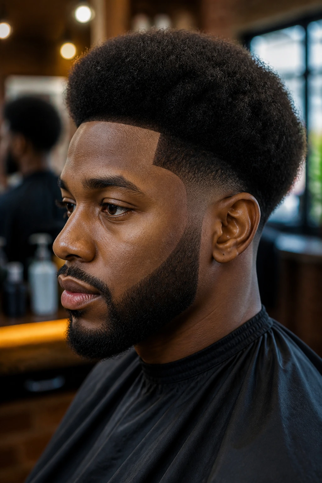 Close-up portrait of a man with Afro Fade and shape-up hairstyle.