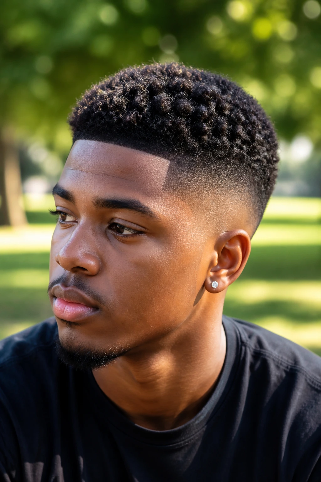 Close-up portrait of a man with Afro Fade and short coils.