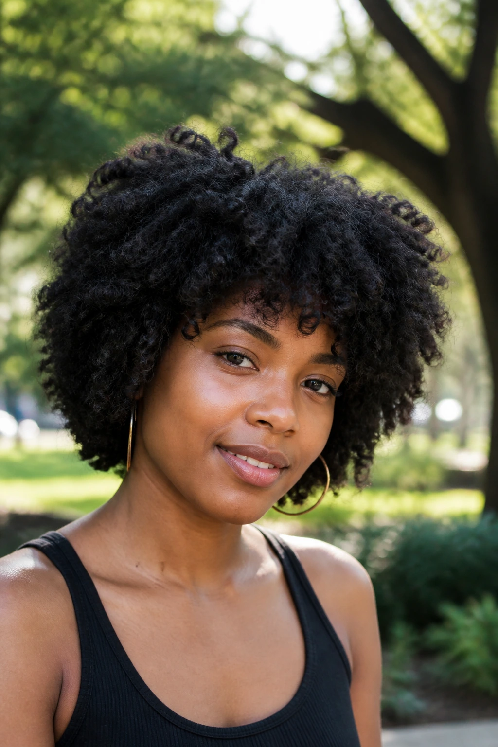 Close-up portrait of a real Black woman with a shaggy Afro and feathered sides