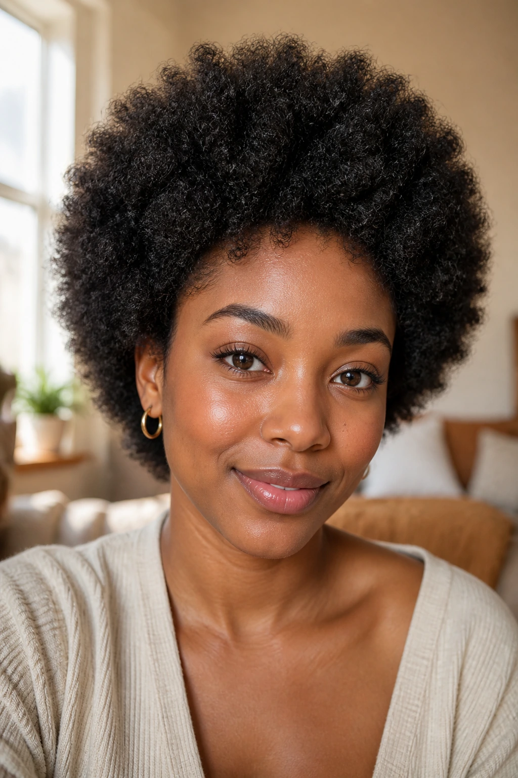 Close-up of a Black woman with a picked-out rounded Afro under warm window light.