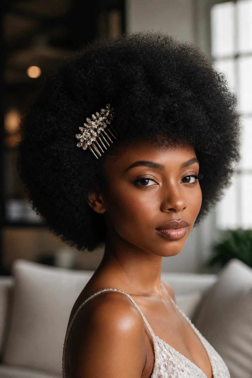 Close-up of a real woman with a soft Afro and jeweled comb.