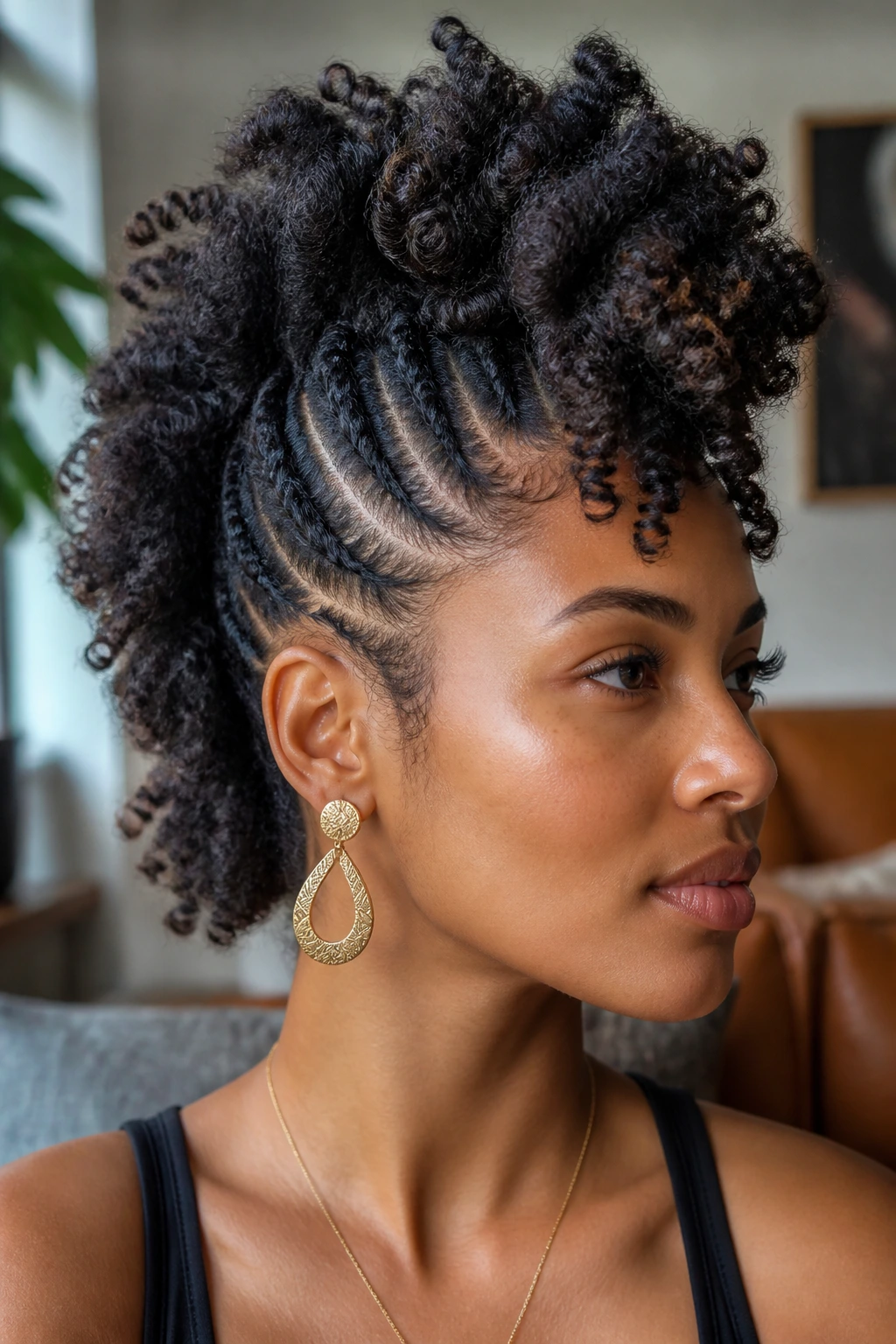 Close-up portrait of a Black woman with textured frohawk showing coils and twists