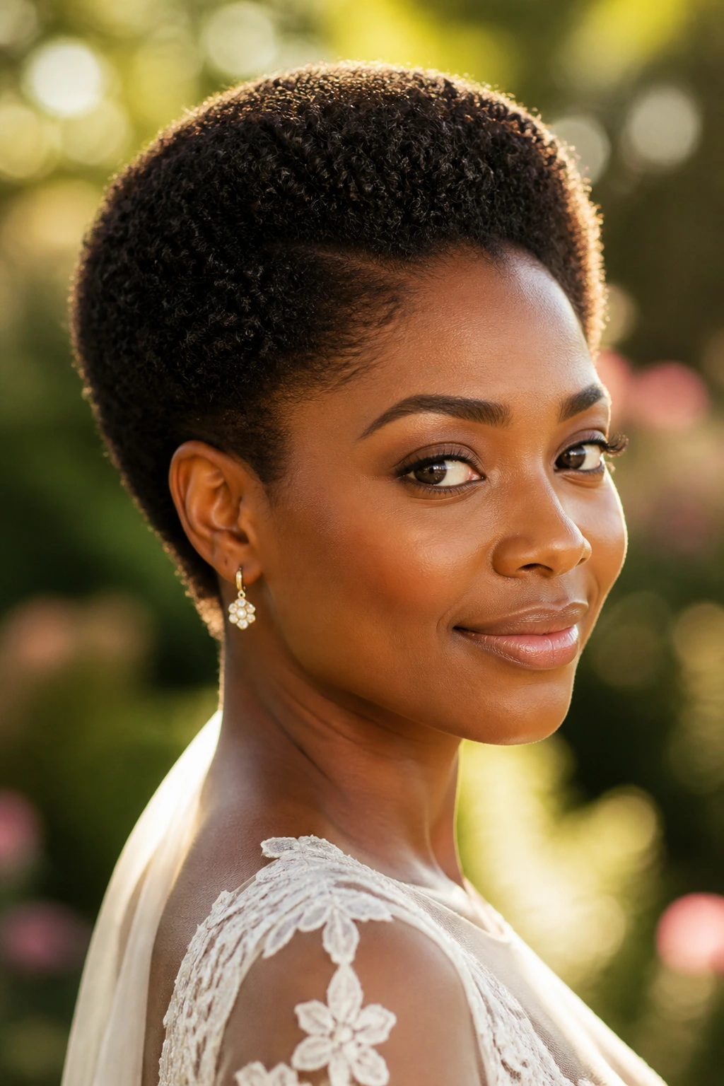 Bride with sculpted natural Afro pixie in sunlit garden