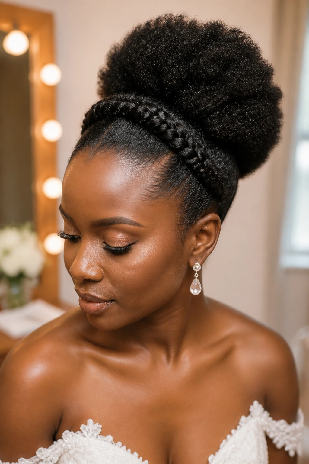 Bride with sculpted afro puff and braided accent.